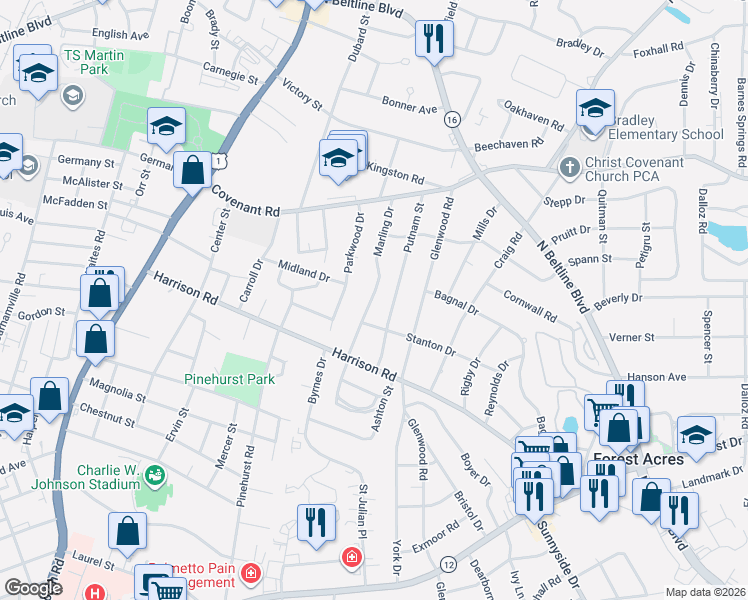 map of restaurants, bars, coffee shops, grocery stores, and more near 2524 Marling Drive in Columbia