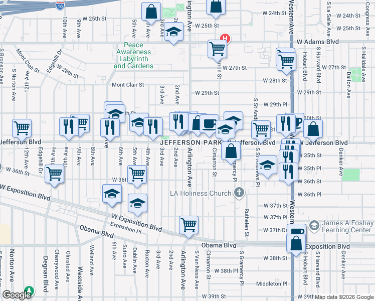 map of restaurants, bars, coffee shops, grocery stores, and more near 3417 Arlington Avenue in Los Angeles