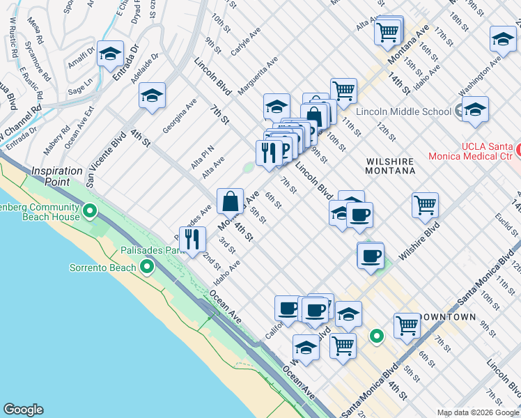 map of restaurants, bars, coffee shops, grocery stores, and more near 823 5th Street in Santa Monica