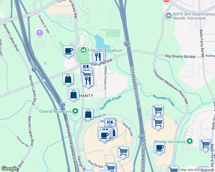 map of restaurants, bars, coffee shops, grocery stores, and more near 3024 Hidden Forest Court in Marietta