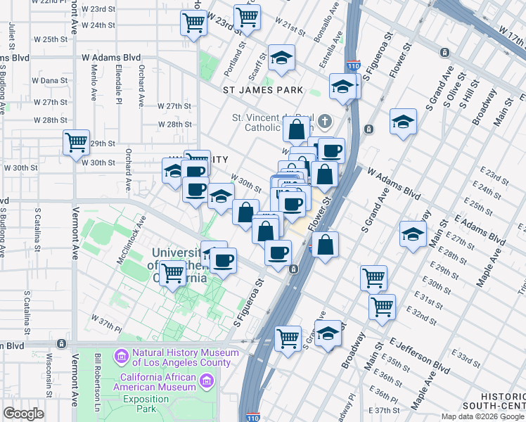map of restaurants, bars, coffee shops, grocery stores, and more near 633 West 32nd Street in Los Angeles