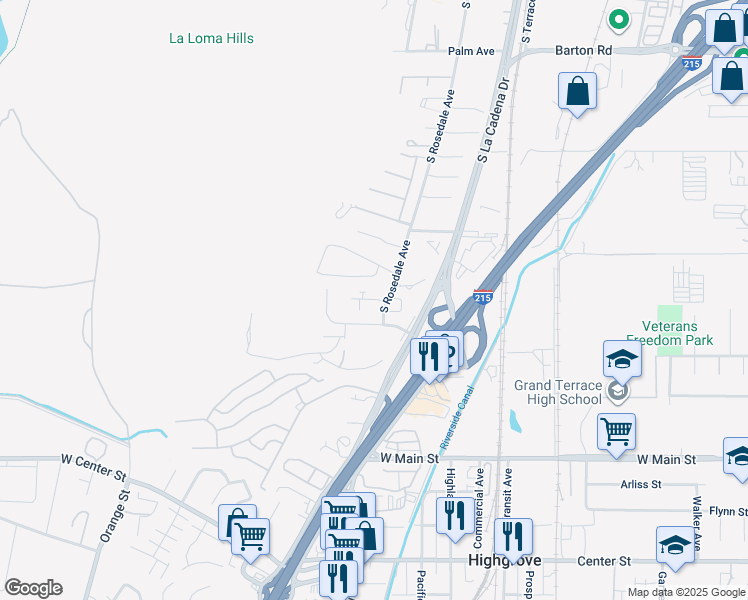 map of restaurants, bars, coffee shops, grocery stores, and more near 221 Maryknoll Drive in Colton