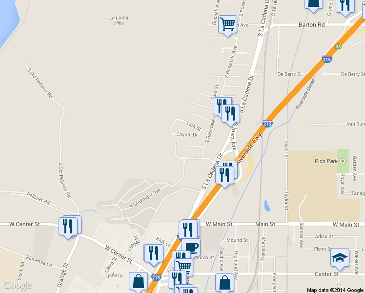map of restaurants, bars, coffee shops, grocery stores, and more near 2690 Maryknoll Drive in Colton