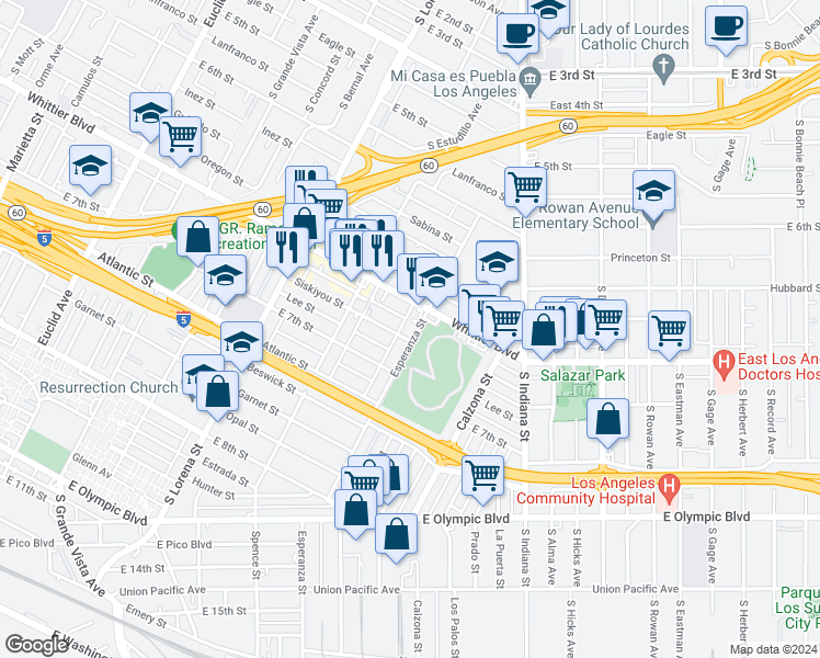 map of restaurants, bars, coffee shops, grocery stores, and more near 3576 Siskiyou Street in Los Angeles