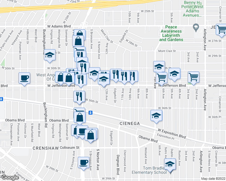 map of restaurants, bars, coffee shops, grocery stores, and more near 3446 Edgehill Drive in Los Angeles