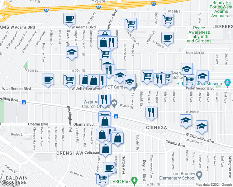 map of restaurants, bars, coffee shops, grocery stores, and more near 3506 South Bronson Avenue in Los Angeles