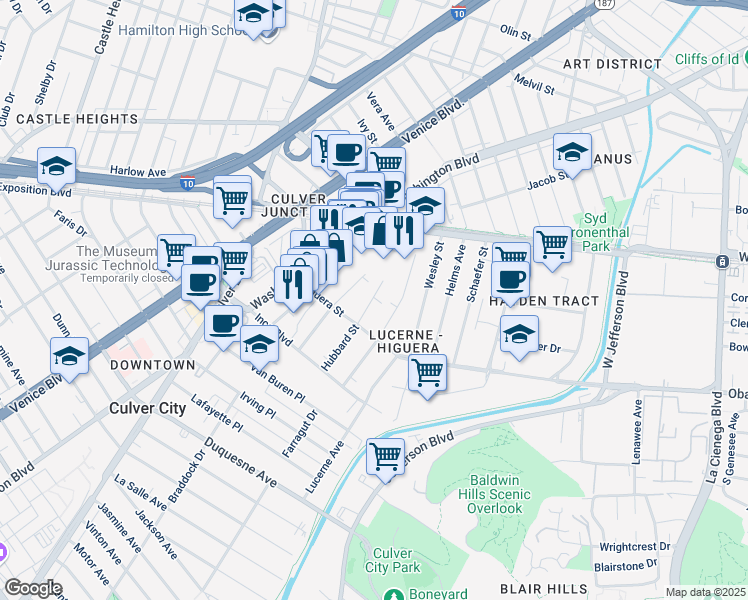 map of restaurants, bars, coffee shops, grocery stores, and more near 8952 Hubbard Street in Culver City