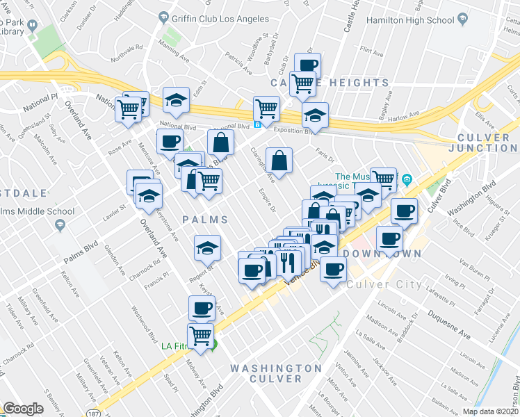 map of restaurants, bars, coffee shops, grocery stores, and more near 3664 Jasmine Avenue in Los Angeles