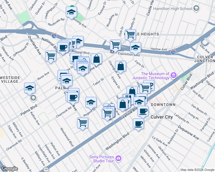 map of restaurants, bars, coffee shops, grocery stores, and more near 3645 Vinton Avenue in Los Angeles