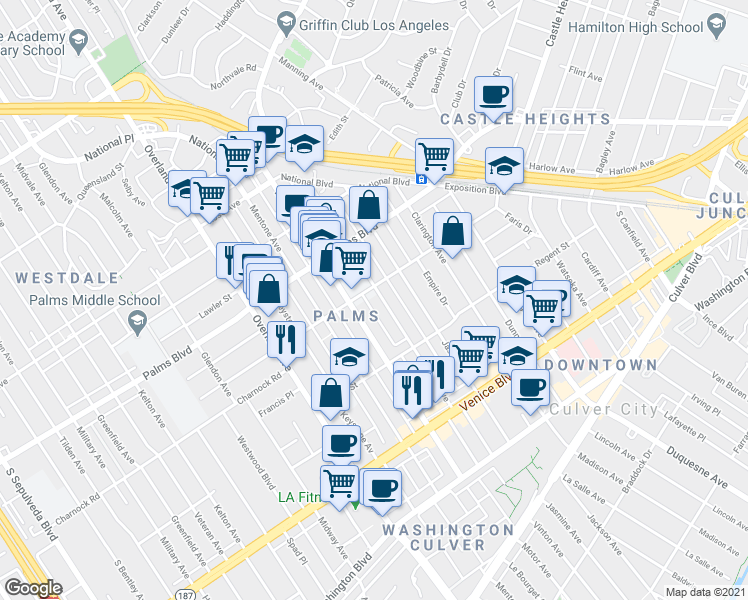 map of restaurants, bars, coffee shops, grocery stores, and more near in Los Angeles