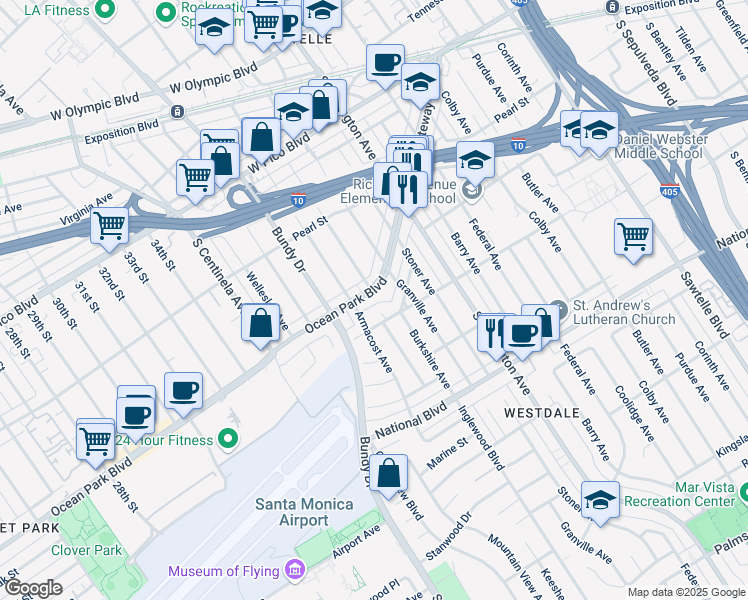 map of restaurants, bars, coffee shops, grocery stores, and more near 2625 South Westgate Avenue in Los Angeles