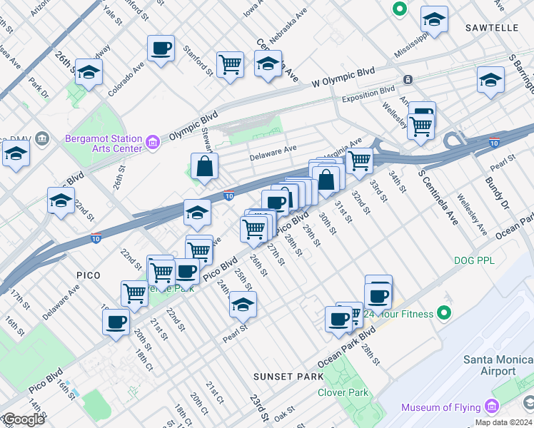 map of restaurants, bars, coffee shops, grocery stores, and more near 2727 Pico Boulevard in Santa Monica
