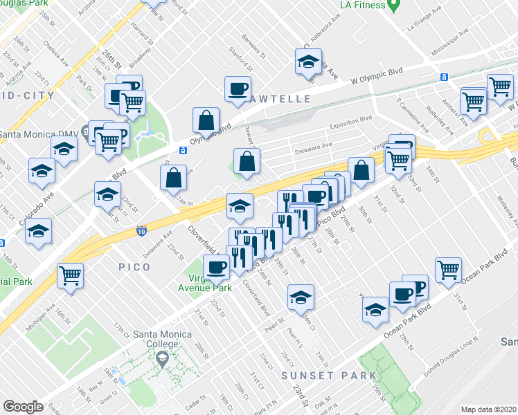 map of restaurants, bars, coffee shops, grocery stores, and more near 2519 Kansas Avenue in Santa Monica