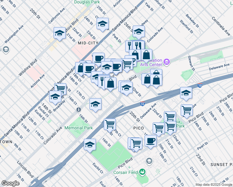 map of restaurants, bars, coffee shops, grocery stores, and more near in Santa Monica