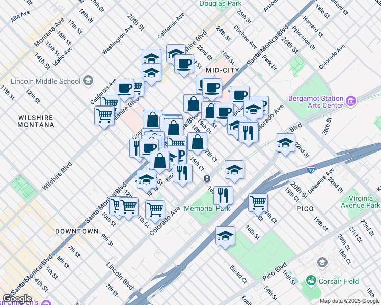 map of restaurants, bars, coffee shops, grocery stores, and more near 227 Broadway in Santa Monica