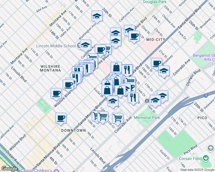 map of restaurants, bars, coffee shops, grocery stores, and more near 1338 14th Street in Santa Monica
