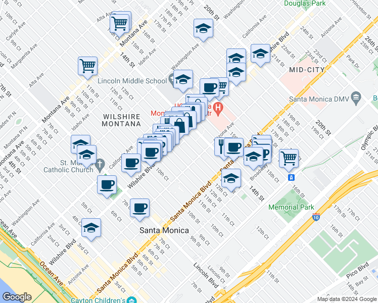 map of restaurants, bars, coffee shops, grocery stores, and more near 1243 12th Street in Santa Monica