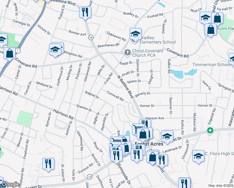 map of restaurants, bars, coffee shops, grocery stores, and more near 3209 Cornwall Road in Columbia