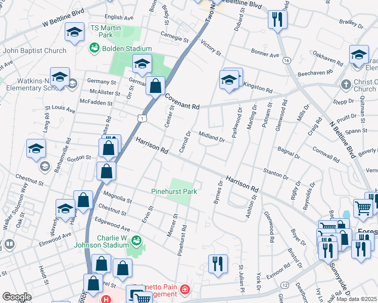 map of restaurants, bars, coffee shops, grocery stores, and more near 9 Pinecrest Court in Columbia