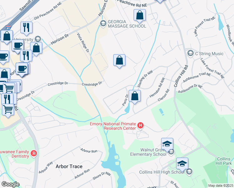 map of restaurants, bars, coffee shops, grocery stores, and more near 445 Paris Drive in Lawrenceville