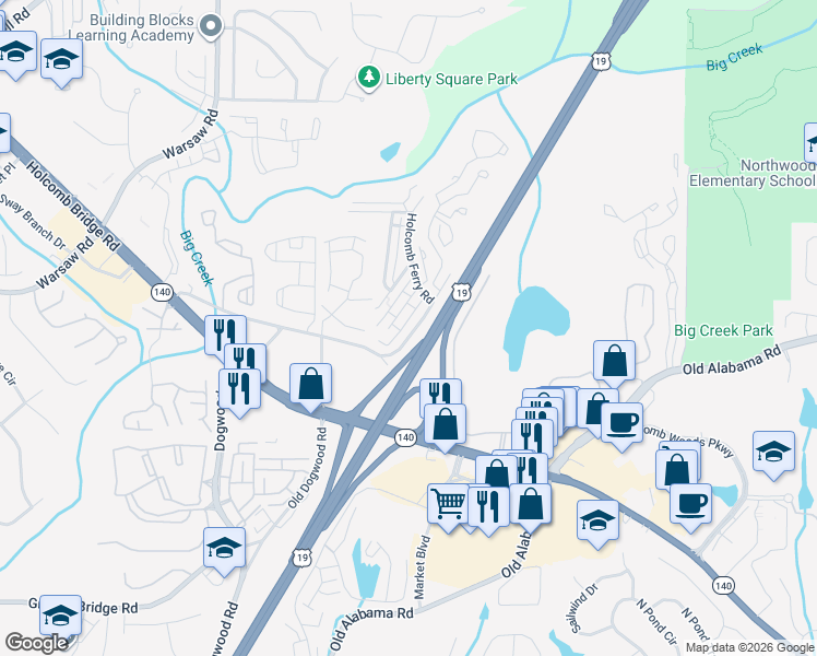 map of restaurants, bars, coffee shops, grocery stores, and more near 1026 Old Holcomb Bridge Road in Roswell