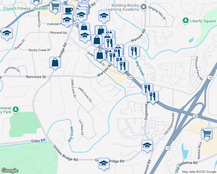 map of restaurants, bars, coffee shops, grocery stores, and more near 245 Leasingworth Way in Roswell