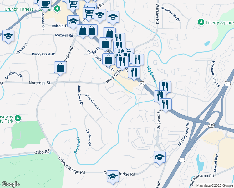 map of restaurants, bars, coffee shops, grocery stores, and more near 6055 Pattingham Drive in Roswell