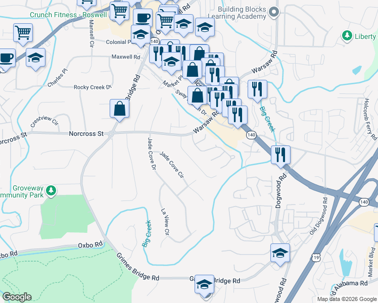 map of restaurants, bars, coffee shops, grocery stores, and more near 160 Carriage Station Circle in Roswell