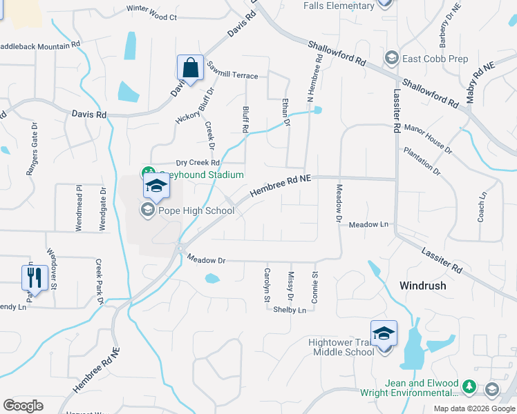map of restaurants, bars, coffee shops, grocery stores, and more near 3807 Charmouth Court in Marietta