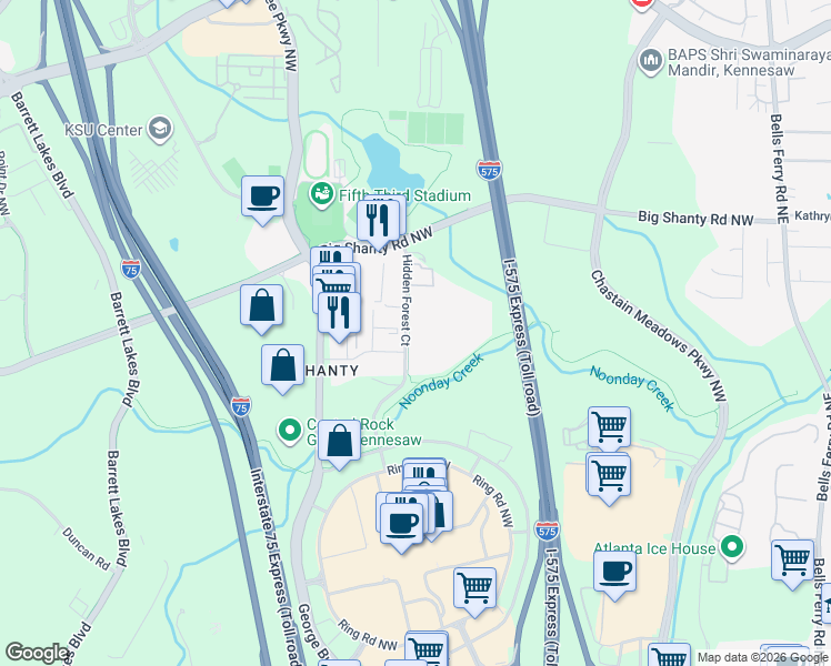 map of restaurants, bars, coffee shops, grocery stores, and more near 3024 Hidden Forest Court in Marietta