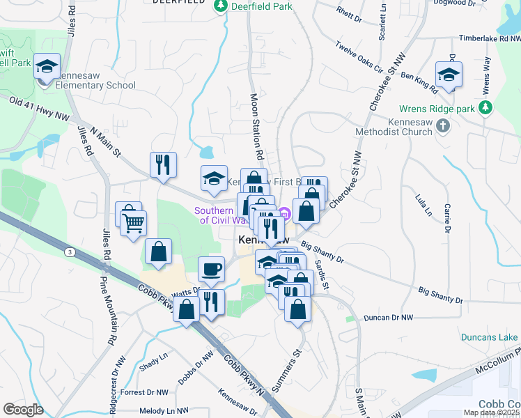 map of restaurants, bars, coffee shops, grocery stores, and more near 2921 Moon Station Road in Kennesaw