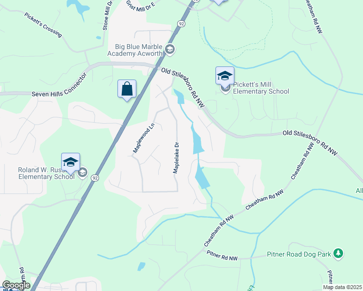 map of restaurants, bars, coffee shops, grocery stores, and more near 670 Maplelake Drive in Acworth