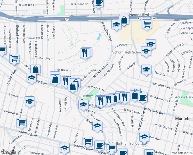 map of restaurants, bars, coffee shops, grocery stores, and more near 612 North Garfield Avenue in Montebello