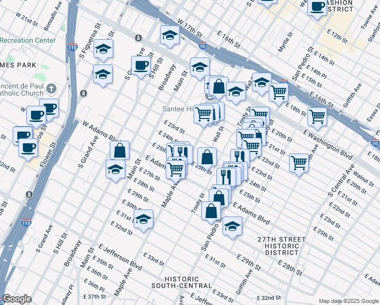 map of restaurants, bars, coffee shops, grocery stores, and more near 2420 Maple Avenue in Los Angeles