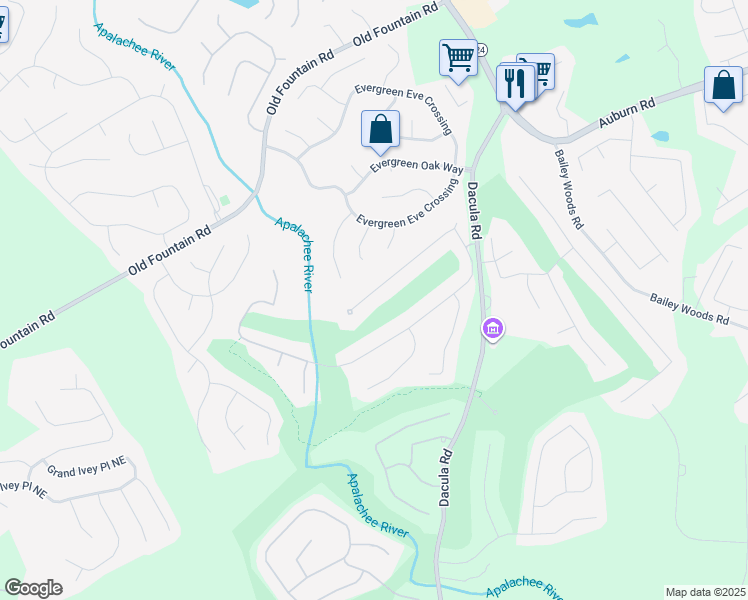 map of restaurants, bars, coffee shops, grocery stores, and more near 2695 The Terraces Way in Dacula