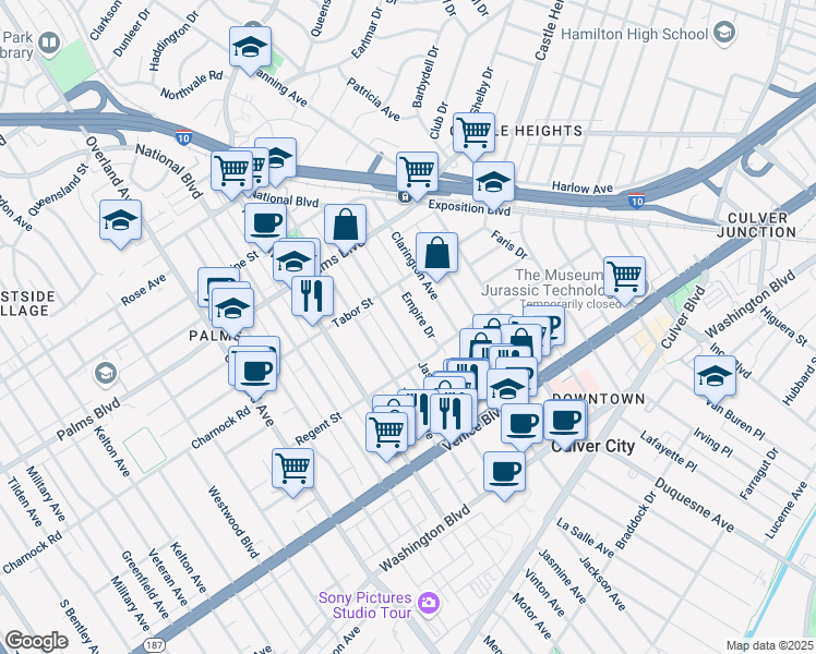 map of restaurants, bars, coffee shops, grocery stores, and more near 3664 Jasmine Avenue in Los Angeles