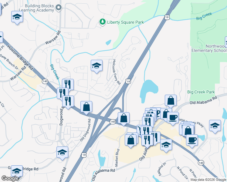 map of restaurants, bars, coffee shops, grocery stores, and more near 1026 Old Holcomb Bridge Road in Roswell