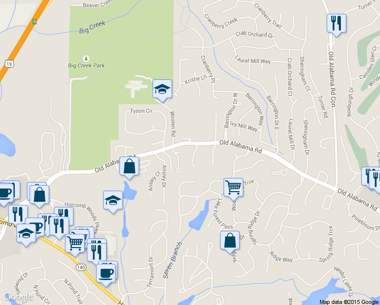 map of restaurants, bars, coffee shops, grocery stores, and more near 110 Weatherburne Drive in Roswell