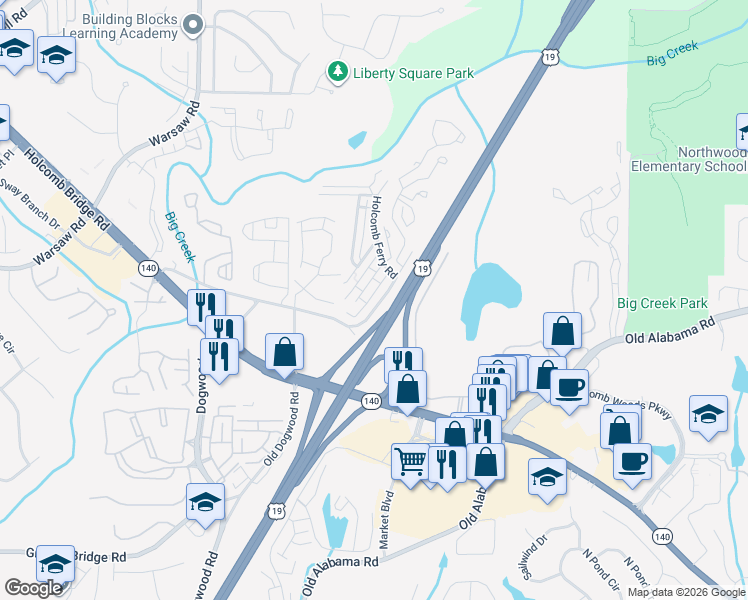 map of restaurants, bars, coffee shops, grocery stores, and more near 907 Old Holcomb Bridge Road in Roswell
