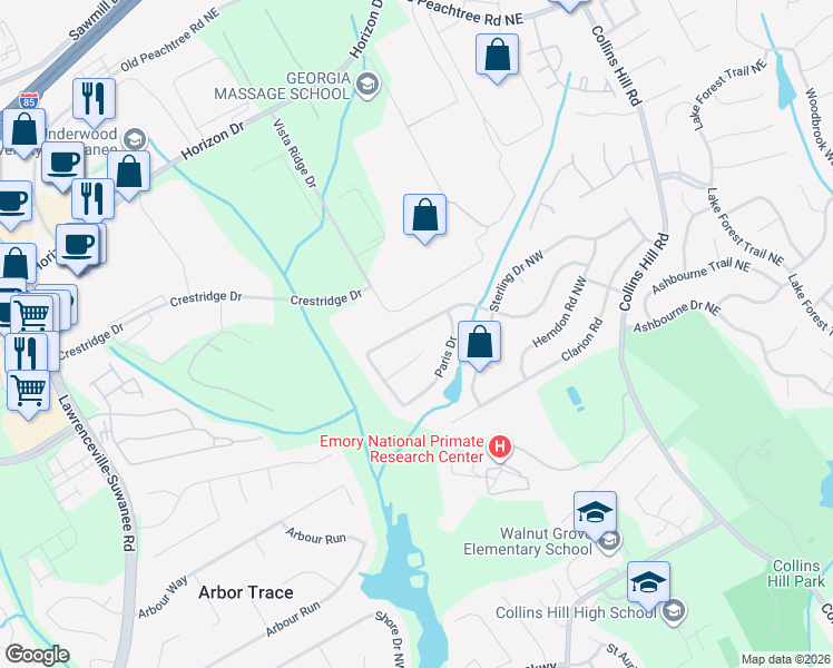 map of restaurants, bars, coffee shops, grocery stores, and more near 445 Paris Drive in Lawrenceville