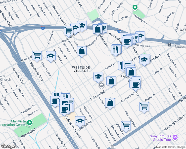 map of restaurants, bars, coffee shops, grocery stores, and more near 10866 Rose Avenue in Los Angeles