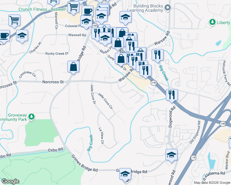 map of restaurants, bars, coffee shops, grocery stores, and more near 160 Carriage Station Circle in Roswell