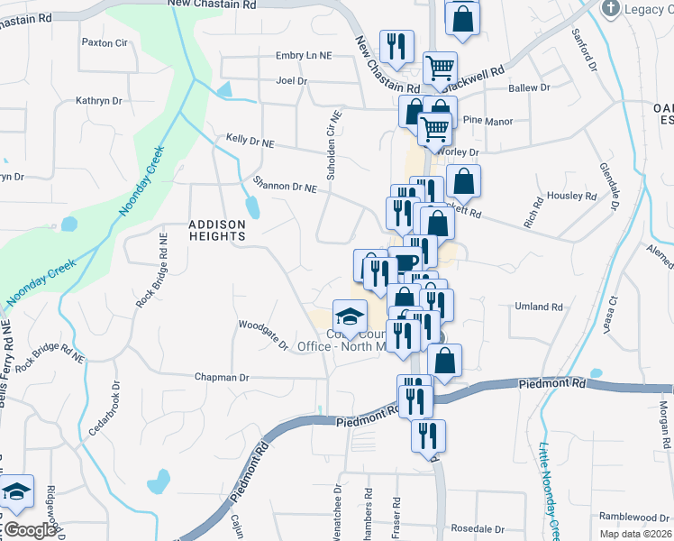 map of restaurants, bars, coffee shops, grocery stores, and more near 3015 Mulberry Street in Marietta