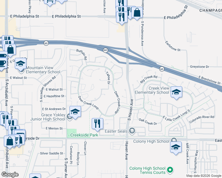 map of restaurants, bars, coffee shops, grocery stores, and more near 2633 Tahoe Drive in Ontario