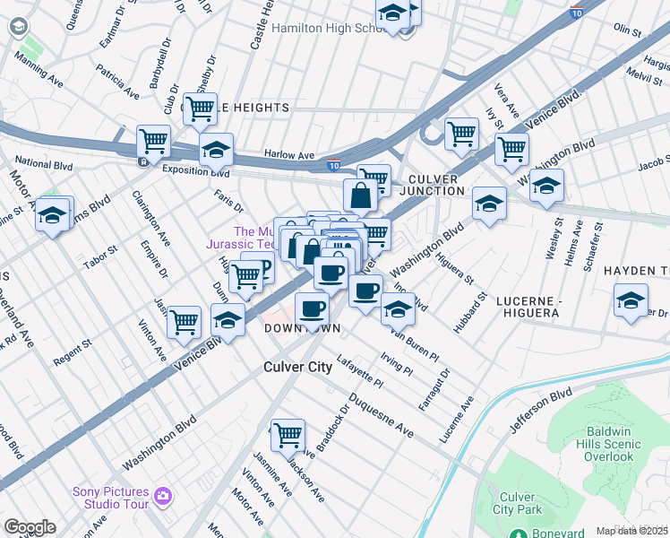 map of restaurants, bars, coffee shops, grocery stores, and more near 3811 Main Street in Culver City
