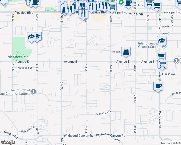 map of restaurants, bars, coffee shops, grocery stores, and more near 34521 Eureka Avenue in Yucaipa