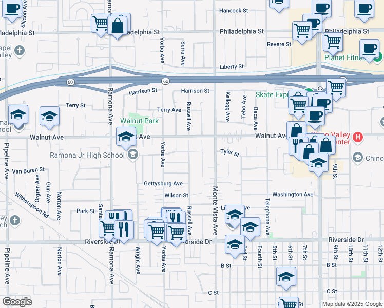 map of restaurants, bars, coffee shops, grocery stores, and more near 12569 Russell Avenue in Chino