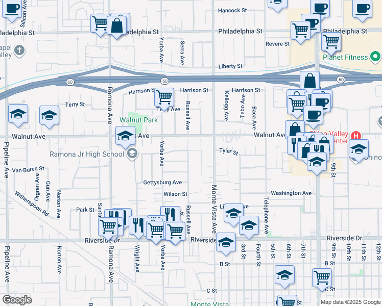 map of restaurants, bars, coffee shops, grocery stores, and more near 12569 Russell Avenue in Chino