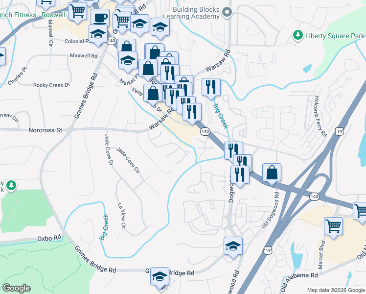 map of restaurants, bars, coffee shops, grocery stores, and more near 6090 Pattingham Drive in Roswell