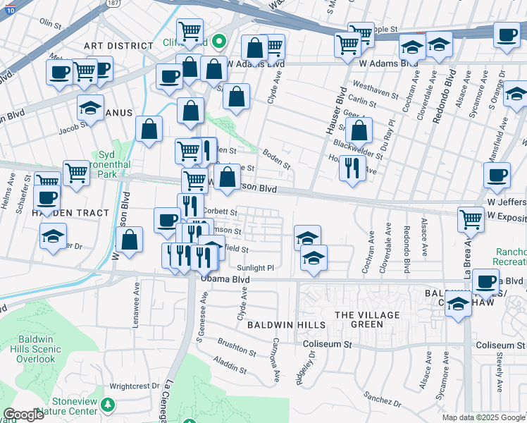 map of restaurants, bars, coffee shops, grocery stores, and more near 5637 Corbett Street in Los Angeles